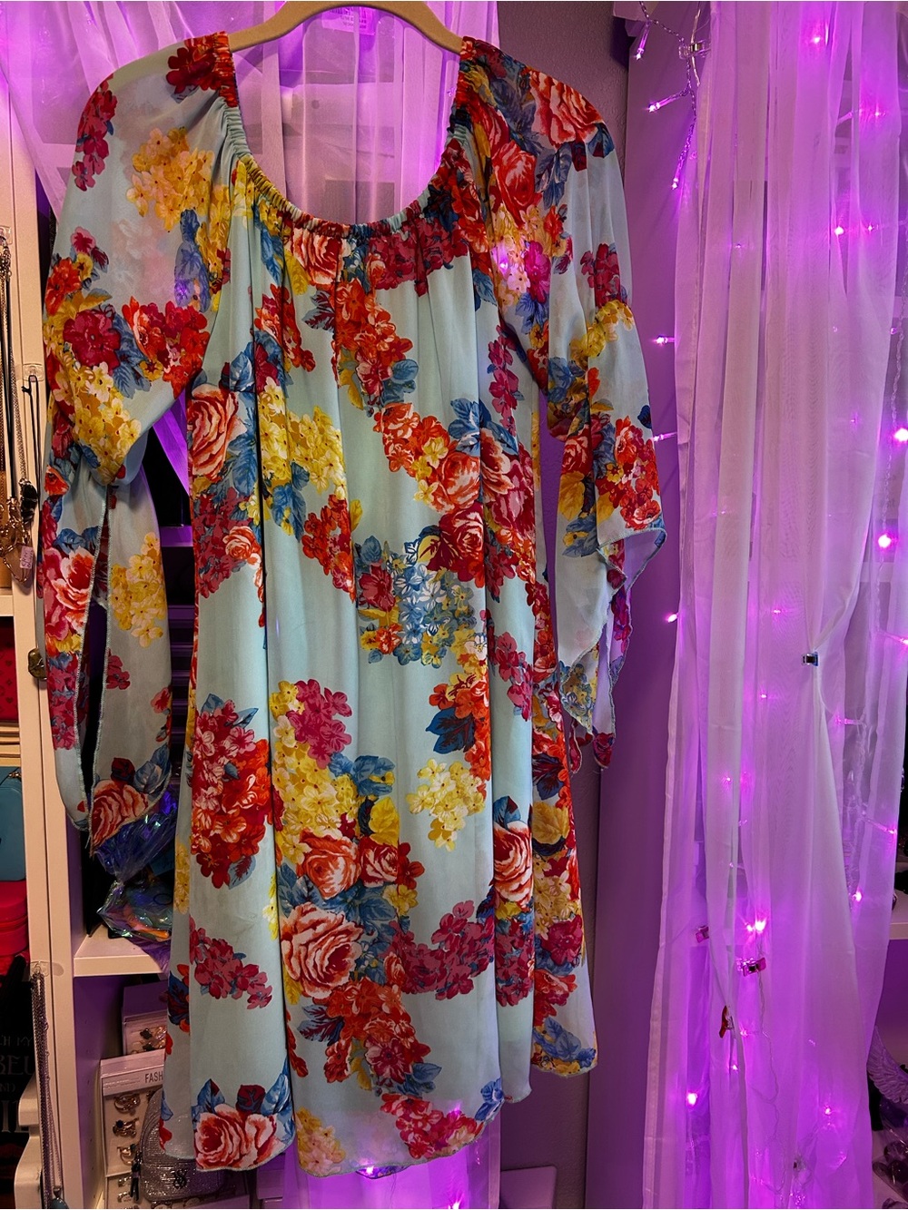 Women Floral Off-Shoulder Dress in Light Blue and Multi
